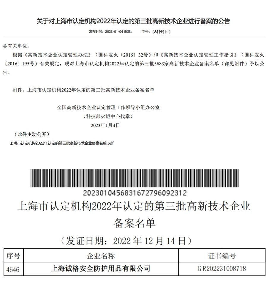 上海麻豆文化传媒精品观看（gé）安全裝備集團有限公司通（tōng）過了由國家科學（xué）技術部高（gāo）新技術企（qǐ）業認定中心的2022年第三批&ldquo;高新技術企業&rdquo;.jpg